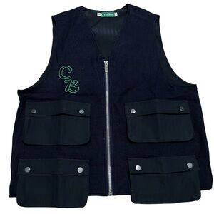 C'est Bon Mass Vest‎ navy men’s Utility Vest Green Embroidery logo zip up small